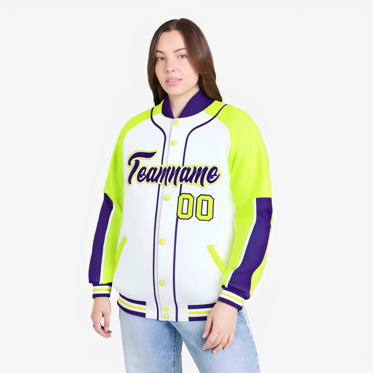 Custom White Fluorescent Green-Purple Varsity Full-Snap Color Block Letterman Jacket