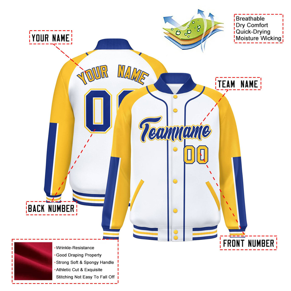 Custom White Gold-Royal Blue Varsity Full-Snap Color Block Letterman Jacket