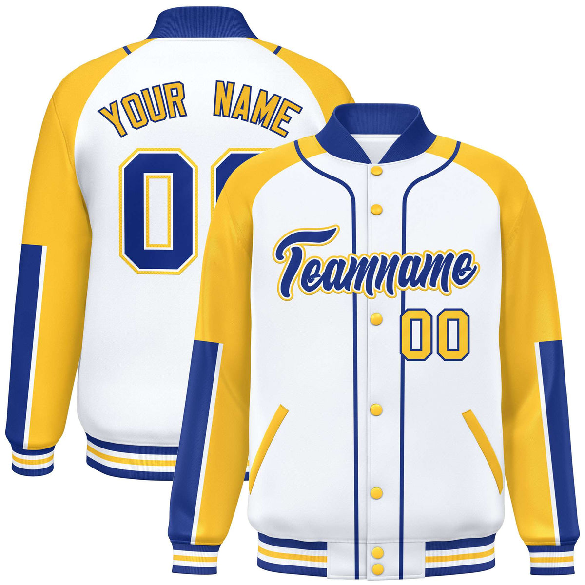 Custom White Gold-Royal Blue Varsity Full-Snap Color Block Letterman Jacket