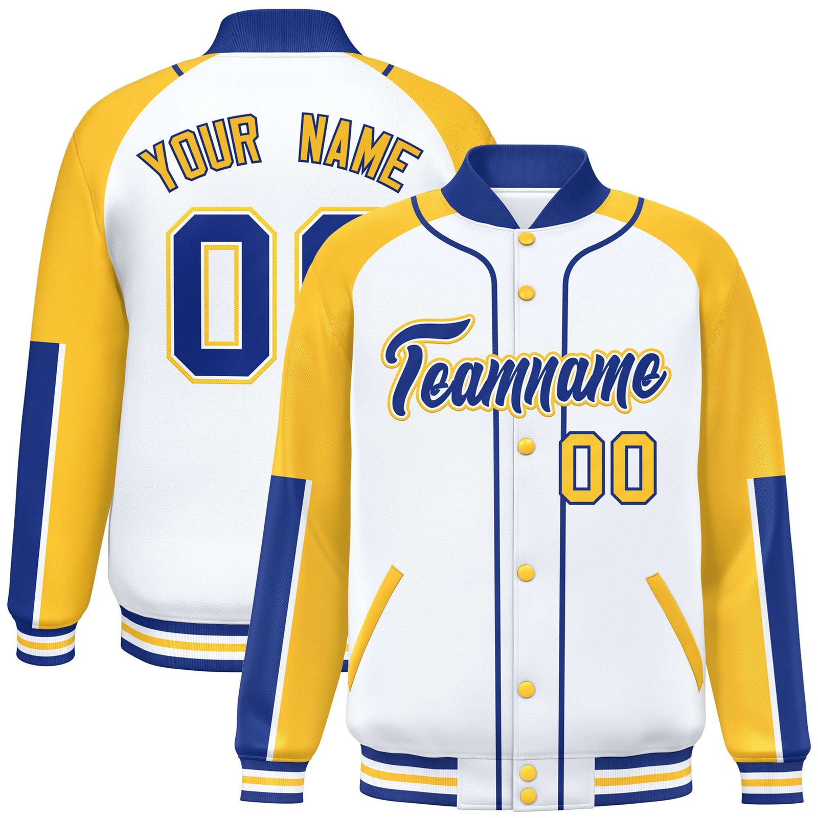 Custom White Gold-Royal Blue Varsity Full-Snap Color Block Letterman Jacket