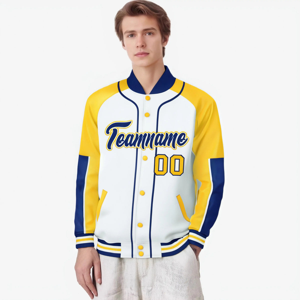 Custom White Gold-Royal Blue Varsity Full-Snap Color Block Letterman Jacket
