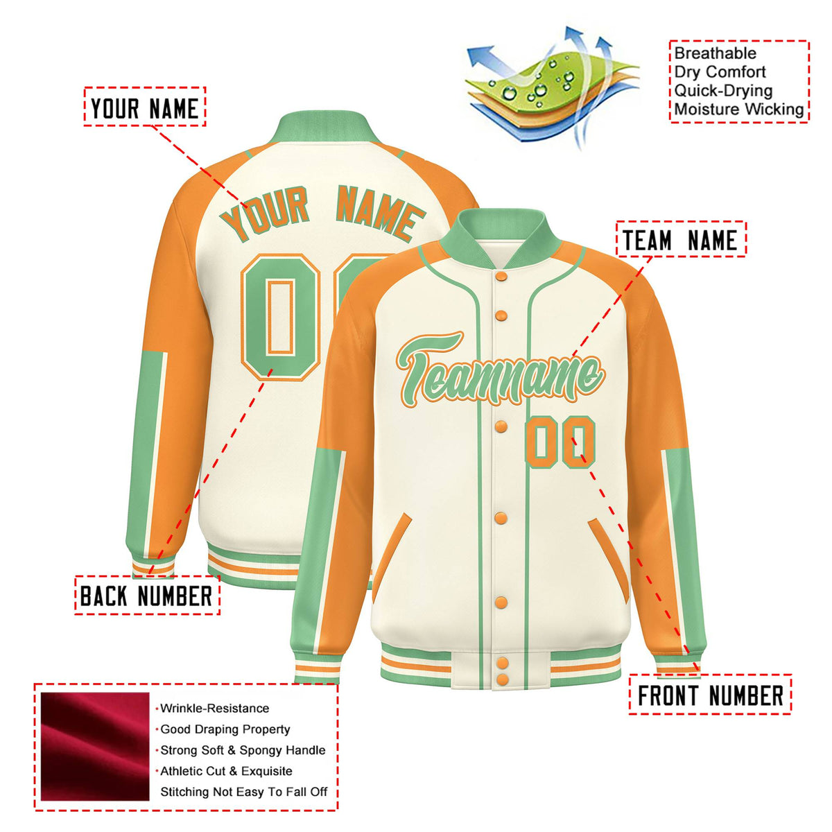 Custom Cream Yellow-Bright green Varsity Full-Snap Color Block Letterman Jacket