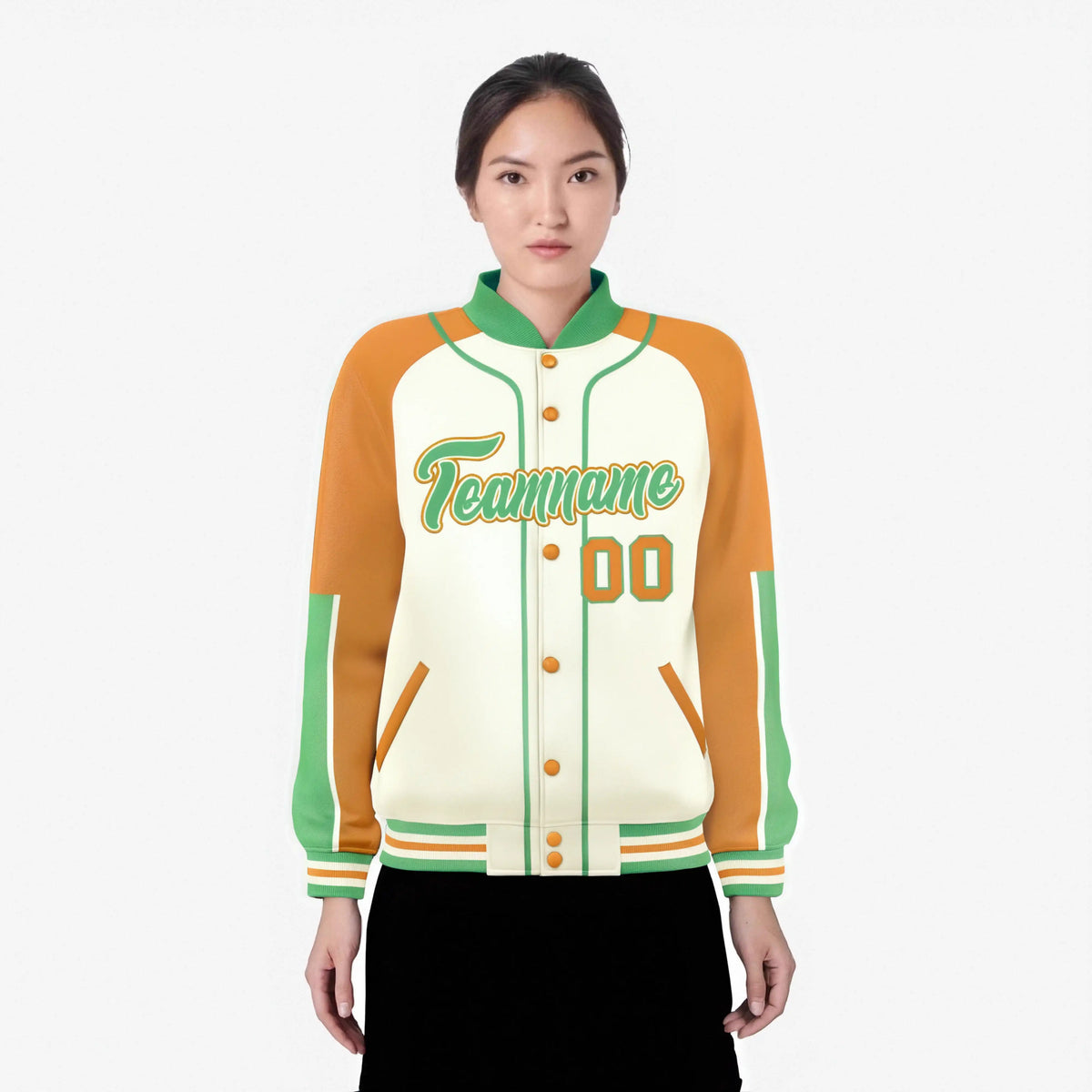 Custom Cream Yellow-Bright green Varsity Full-Snap Color Block Letterman Jacket