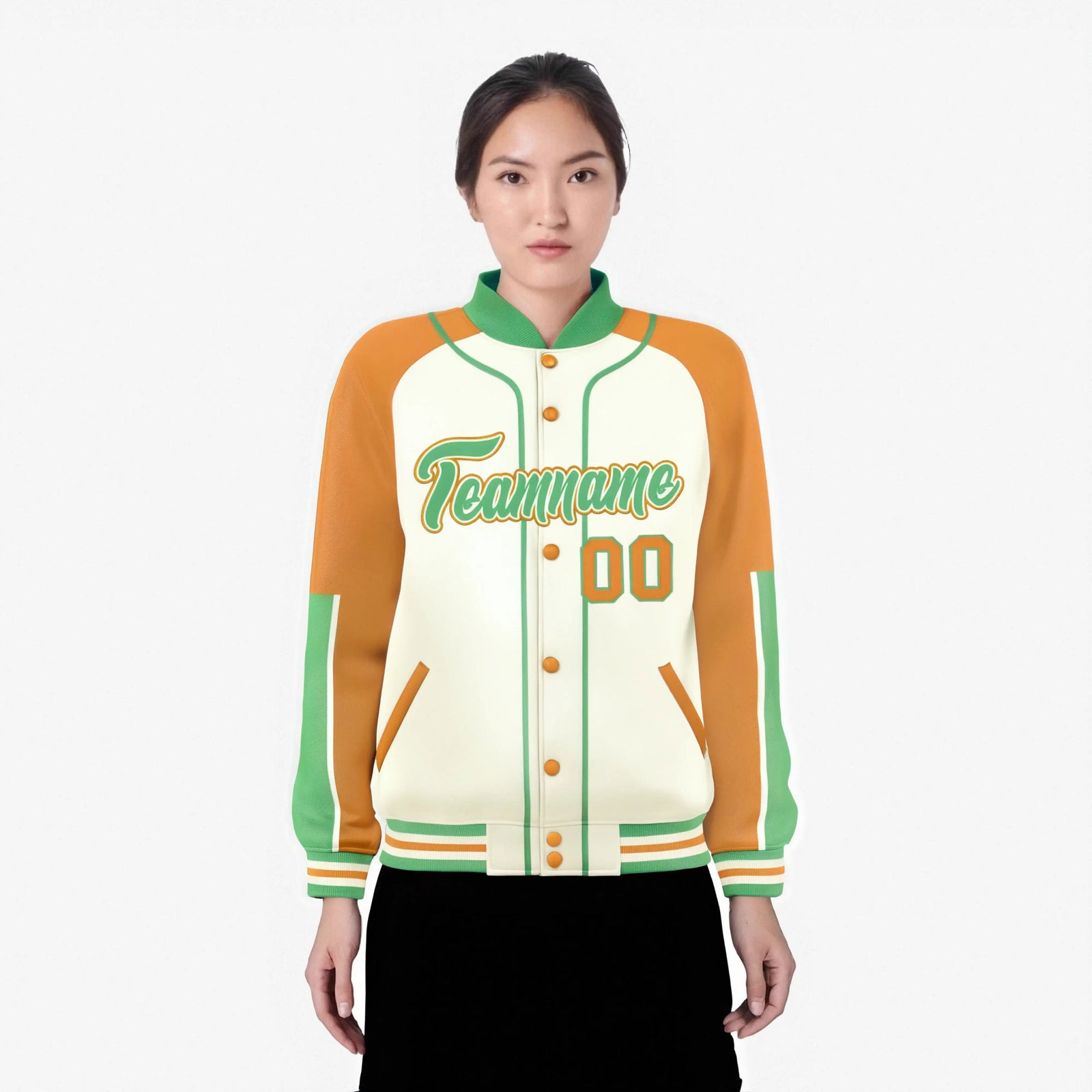 Custom Cream Yellow-Bright green Varsity Full-Snap Color Block Letterman Jacket