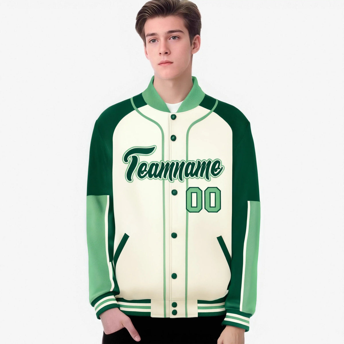 Custom Cream Green-Bright green Varsity Full-Snap Color Block Letterman Jacket