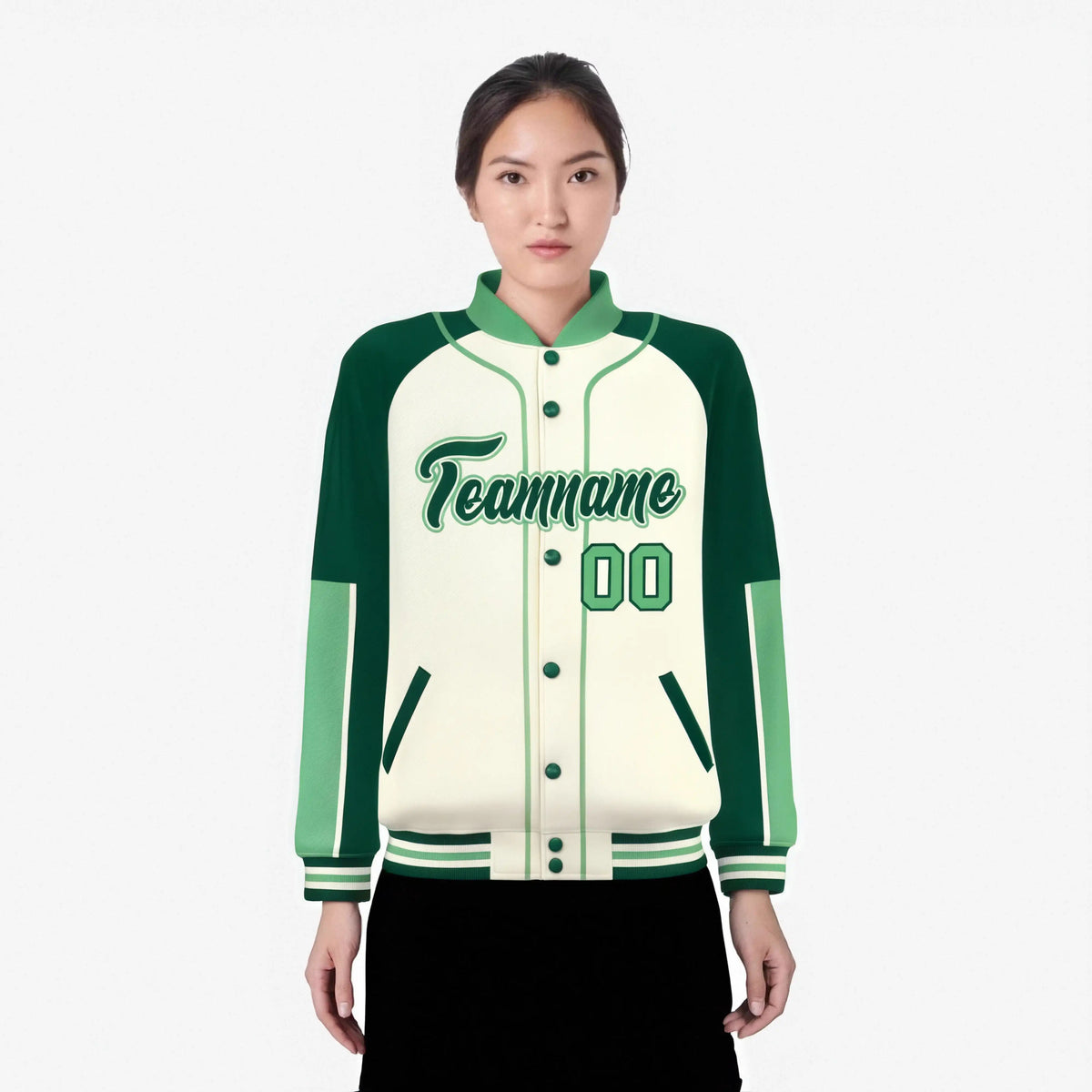 Custom Cream Green-Bright green Varsity Full-Snap Color Block Letterman Jacket