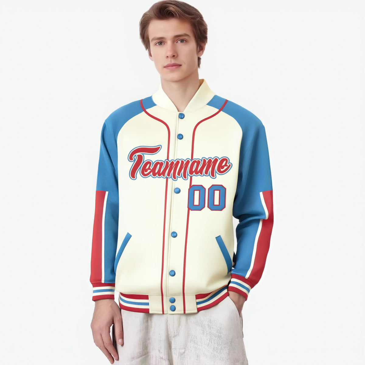 Custom Cream Light Blue-Light Red Varsity Full-Snap Color Block Letterman Jacket