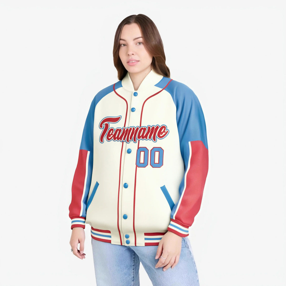 Custom Cream Light Blue-Light Red Varsity Full-Snap Color Block Letterman Jacket