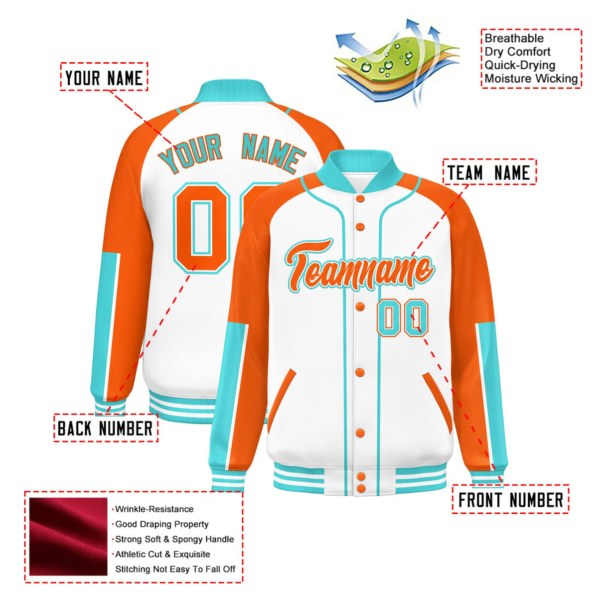 Custom White Orange-Aqua Varsity Full-Snap Color Block Letterman Jacket