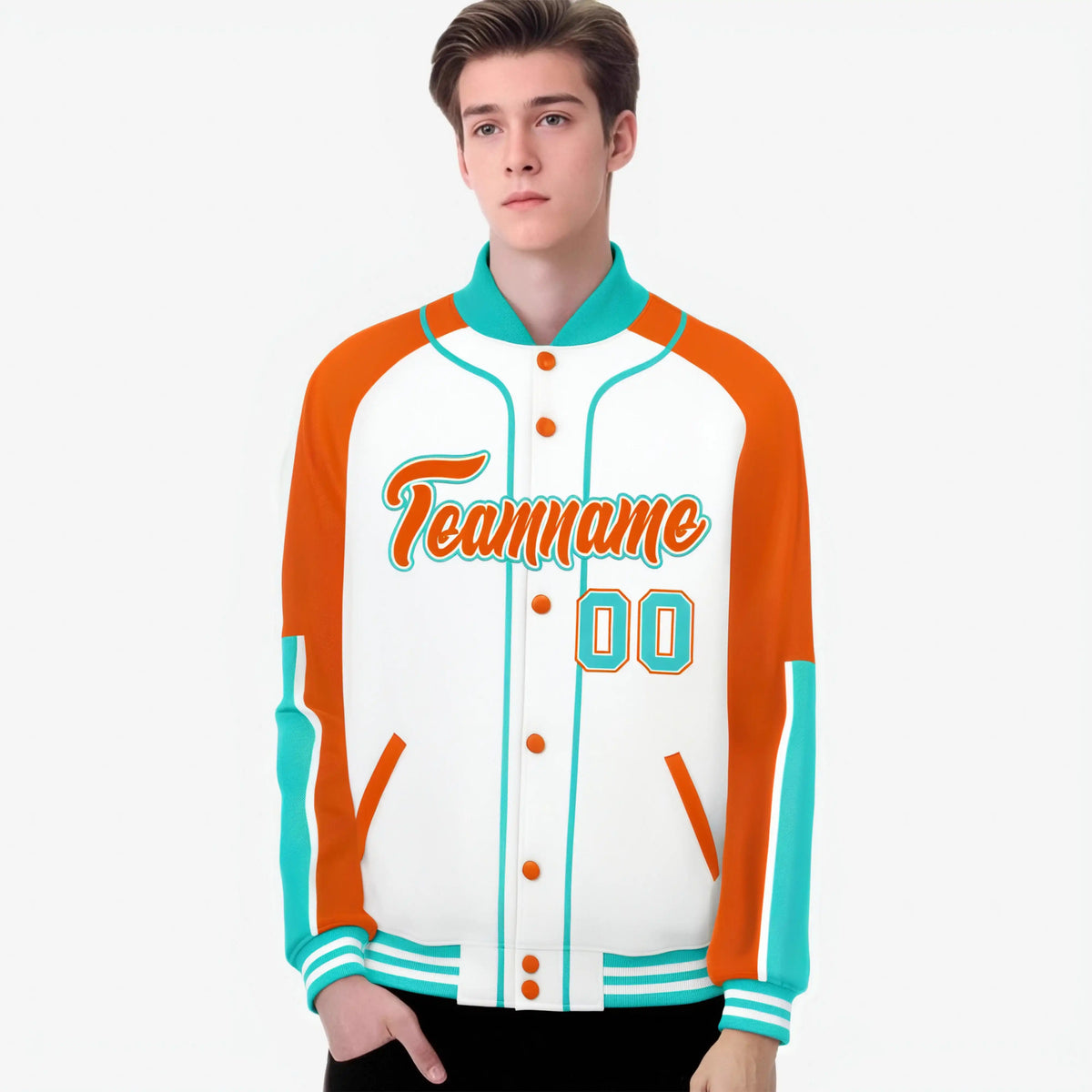 Custom White Orange-Aqua Varsity Full-Snap Color Block Letterman Jacket