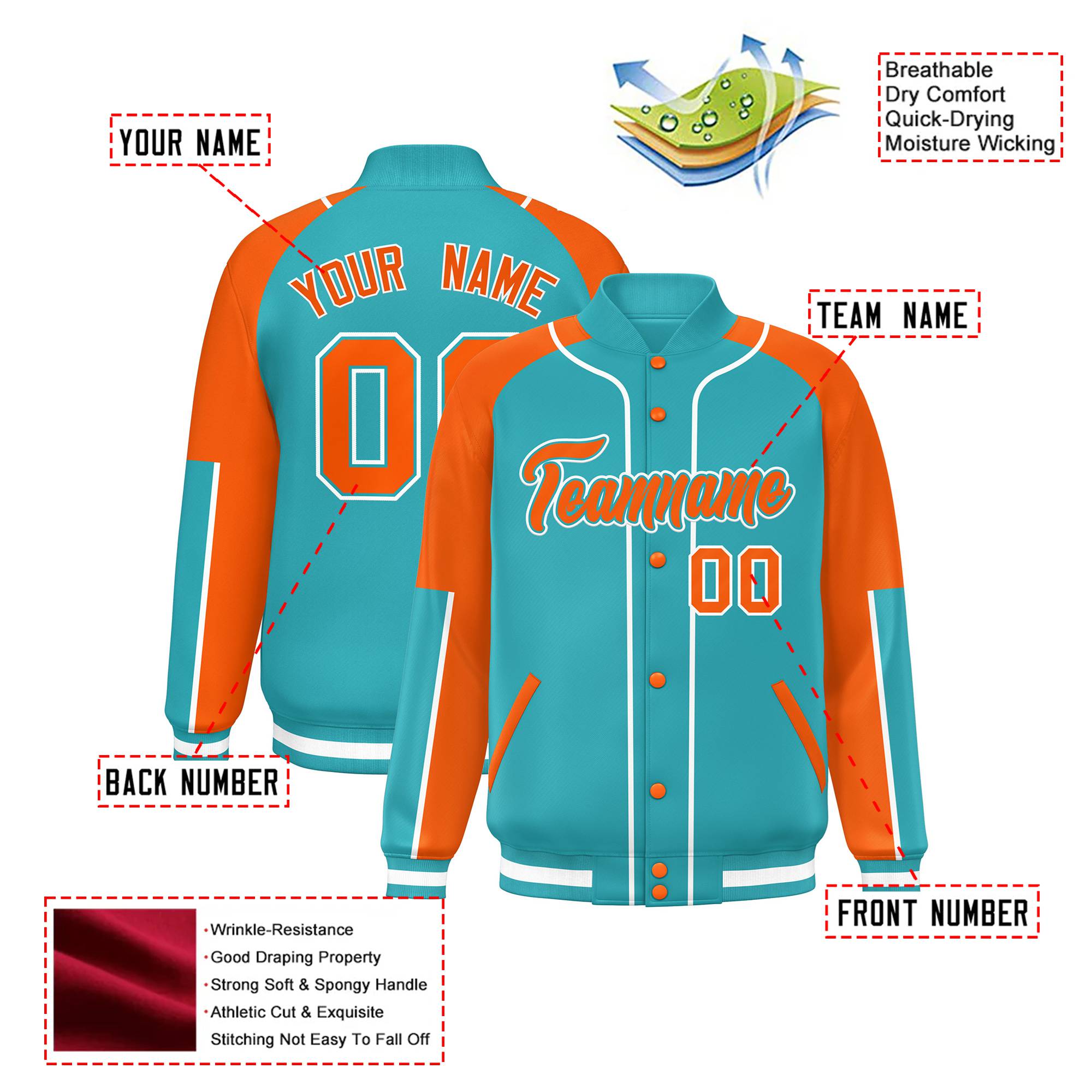 Custom Aqua Orange-Aqua Varsity Full-Snap Color Block Letterman Jacket