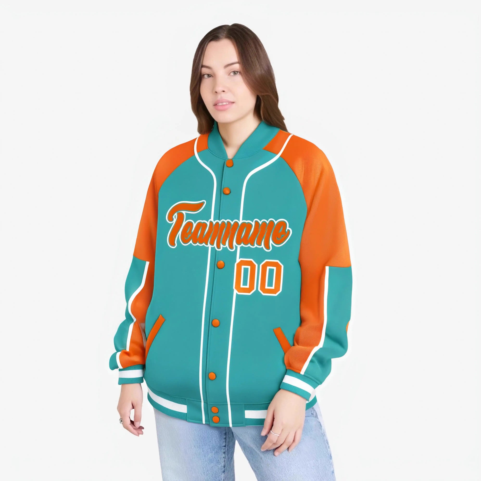 Custom Aqua Orange-Aqua Varsity Full-Snap Color Block Letterman Jacket