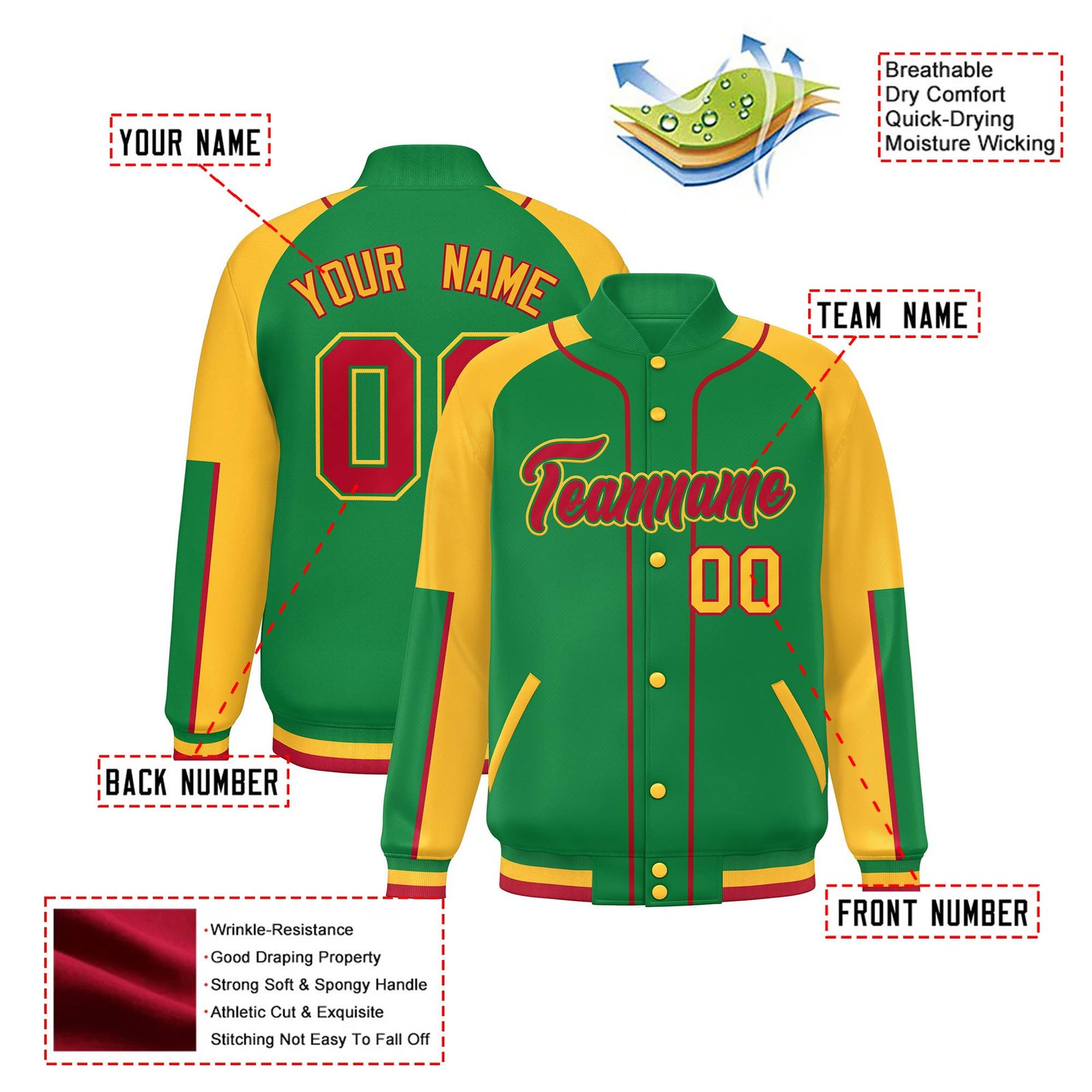 Custom Kelly Green Gold-Kelly Green Varsity Full-Snap Color Block Letterman Jacket