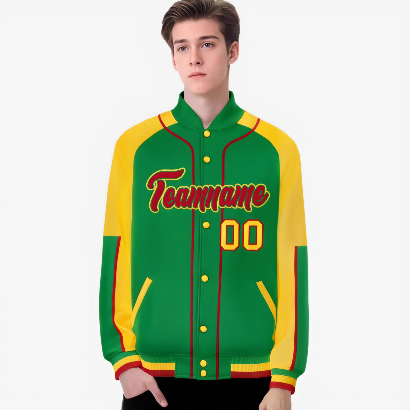 Custom Kelly Green Gold-Kelly Green Varsity Full-Snap Color Block Letterman Jacket