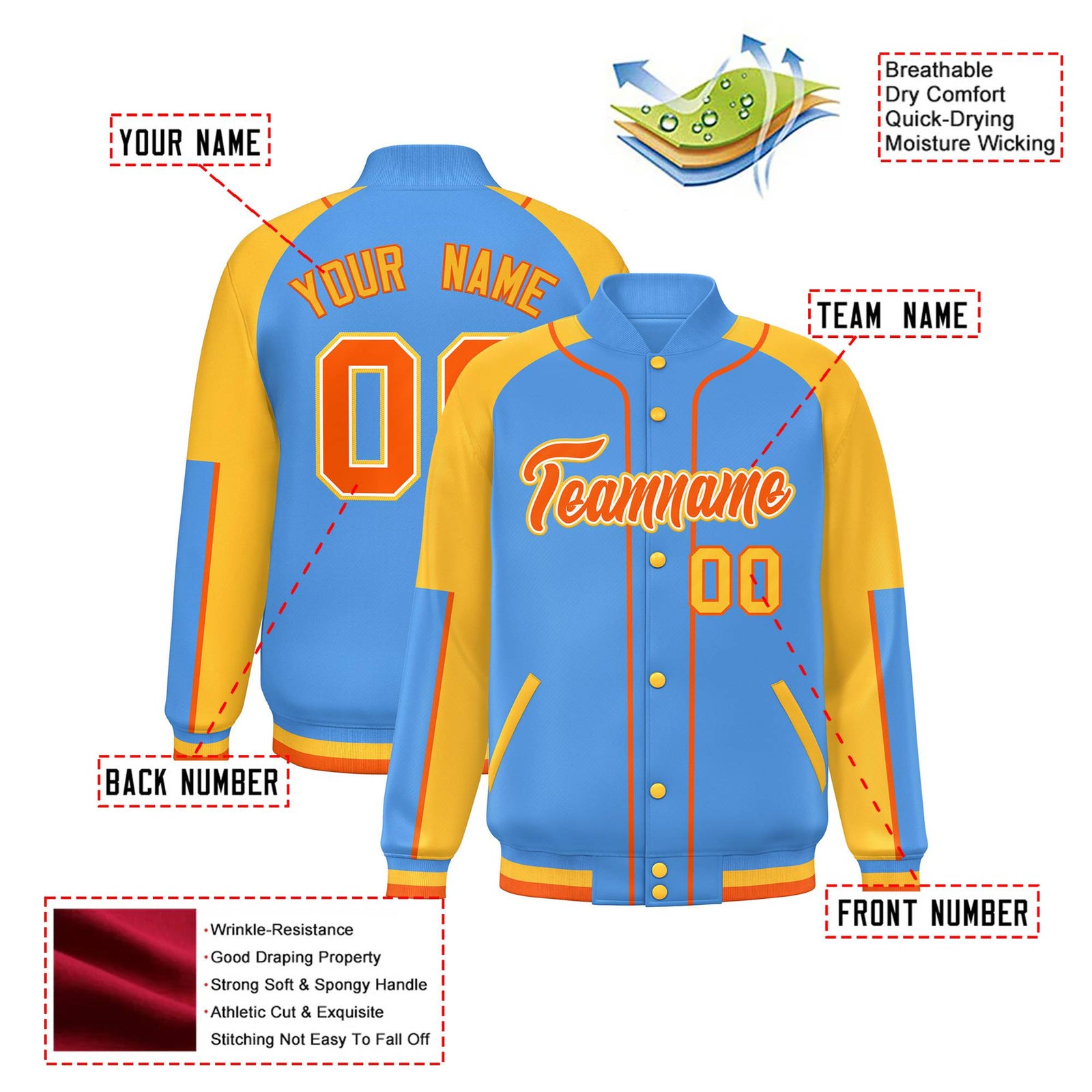 Custom Powder Blue Gold-Powder Blue Varsity Full-Snap Color Block Letterman Jacket