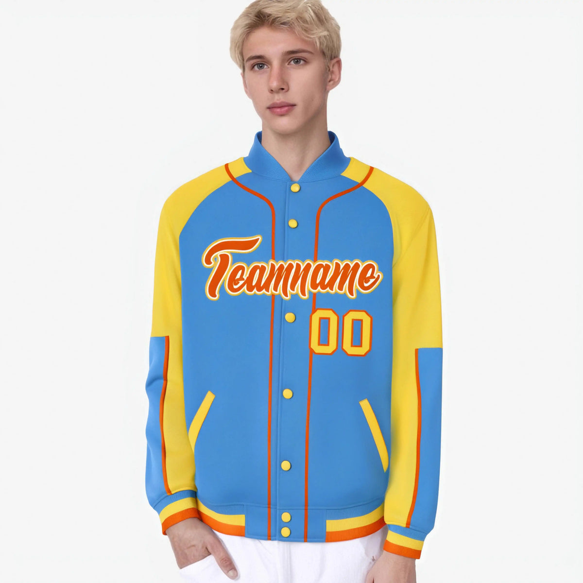 Custom Powder Blue Gold-Powder Blue Varsity Full-Snap Color Block Letterman Jacket
