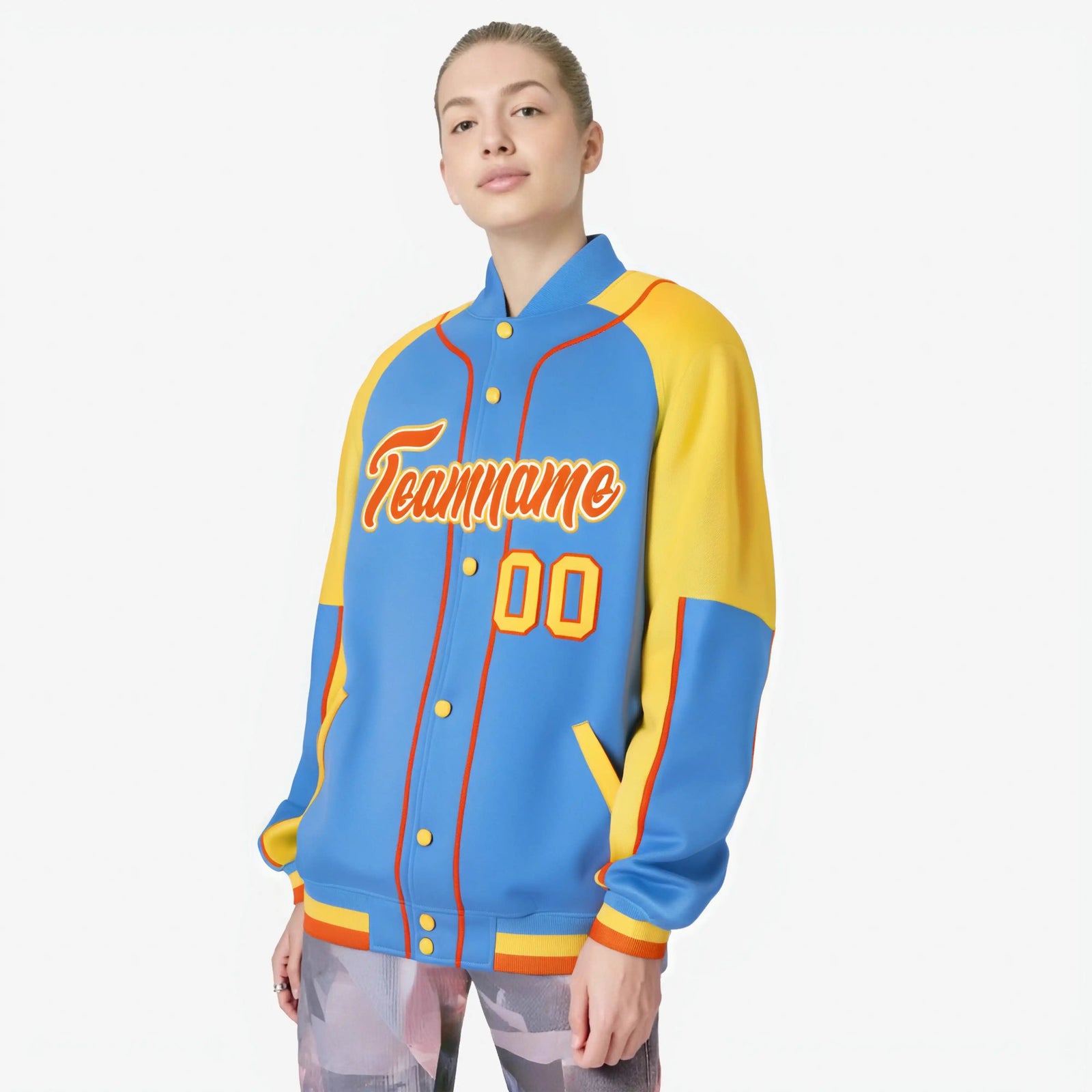 Custom Powder Blue Gold-Powder Blue Varsity Full-Snap Color Block Letterman Jacket