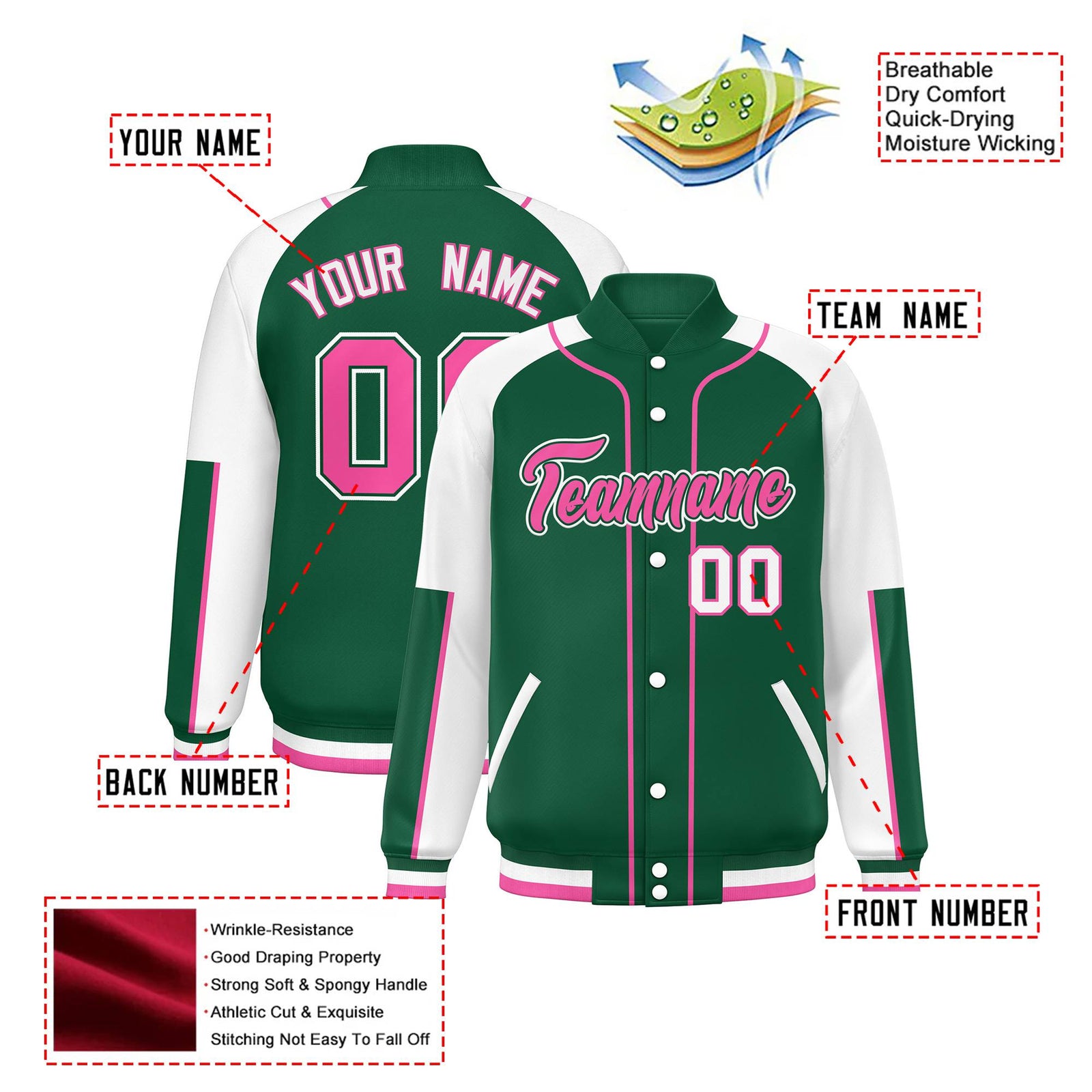 Custom Green White-Green Varsity Full-Snap Color Block Letterman Jacket