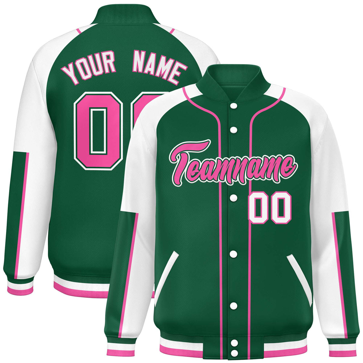 Custom Green White-Green Varsity Full-Snap Color Block Letterman Jacket