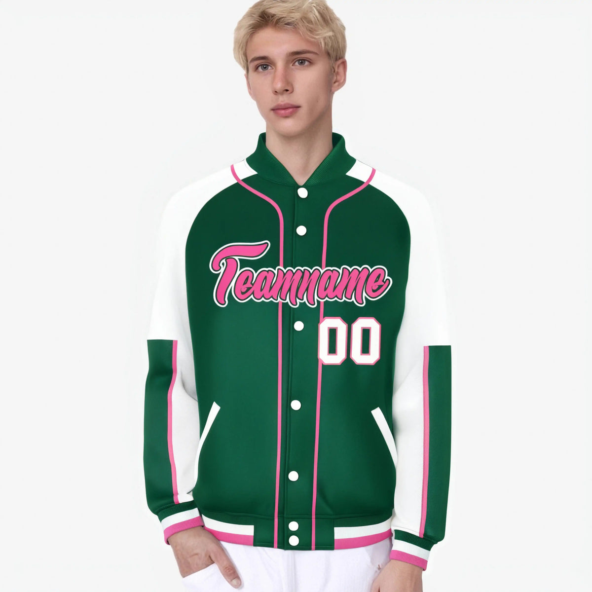 Custom Green White-Green Varsity Full-Snap Color Block Letterman Jacket
