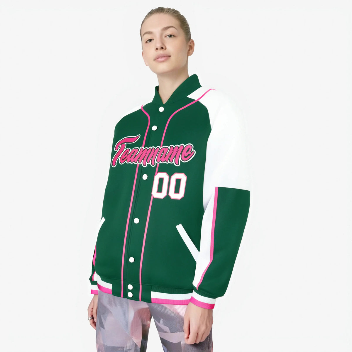 Custom Green White-Green Varsity Full-Snap Color Block Letterman Jacket