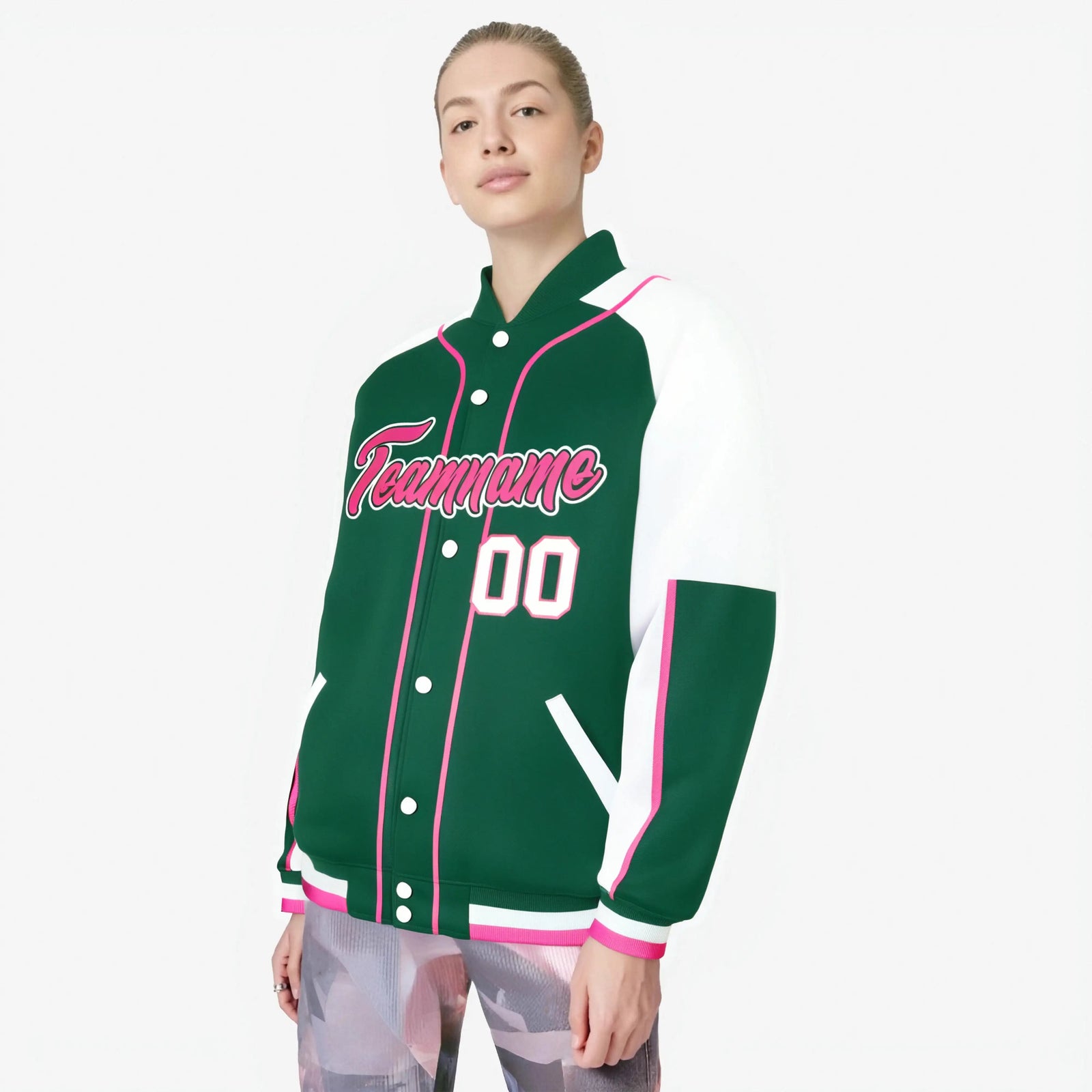 Custom Green White-Green Varsity Full-Snap Color Block Letterman Jacket