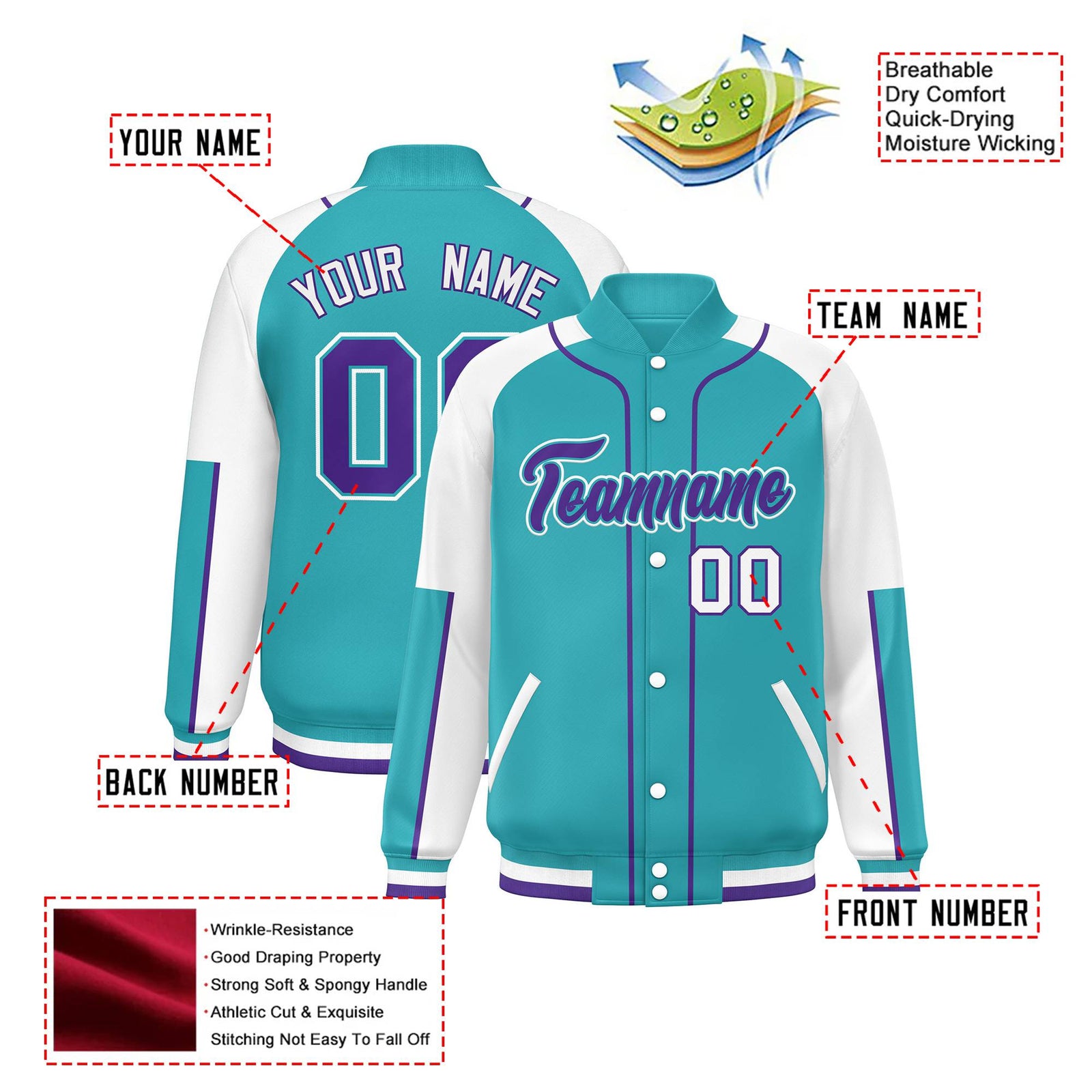 Custom Aqua White-Aqua Varsity Full-Snap Color Block Letterman Jacket