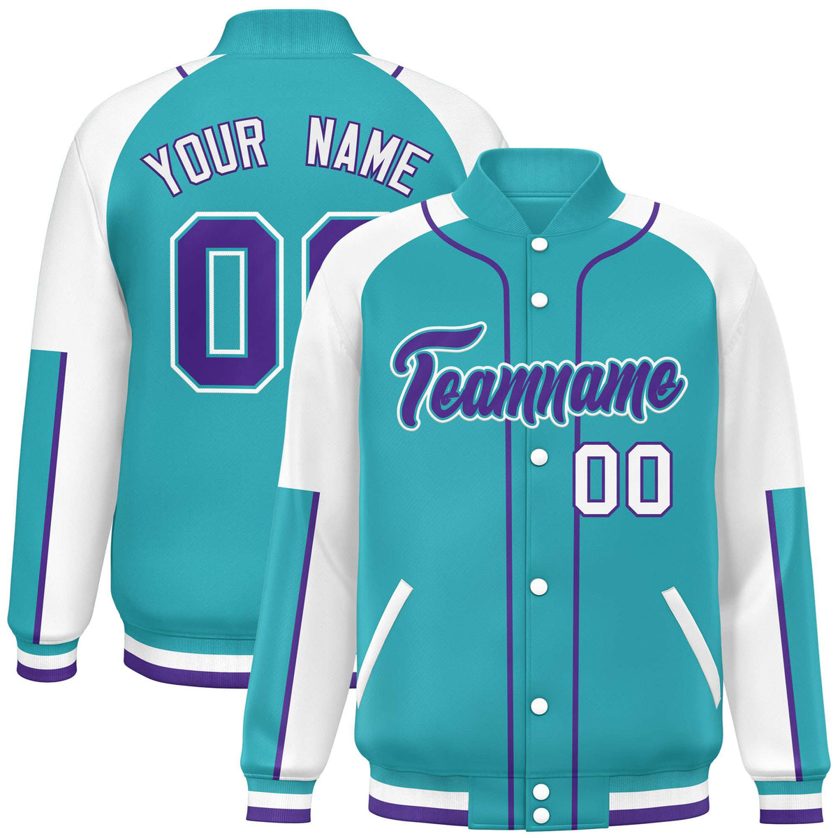 Custom Aqua White-Aqua Varsity Full-Snap Color Block Letterman Jacket