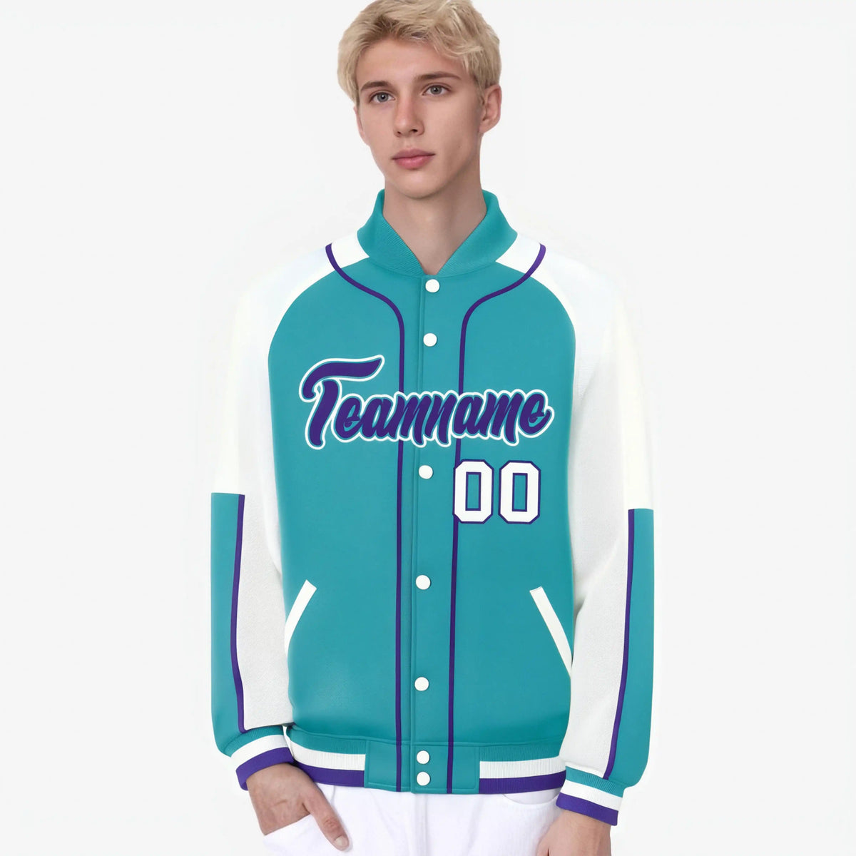Custom Aqua White-Aqua Varsity Full-Snap Color Block Letterman Jacket