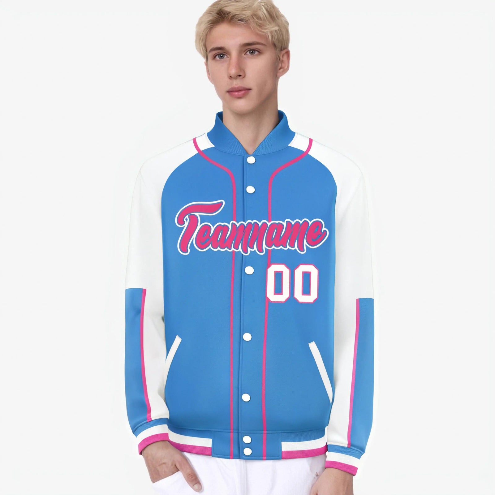 Custom Powder Blue White-Powder Blue Varsity Full-Snap Color Block Letterman Jacket