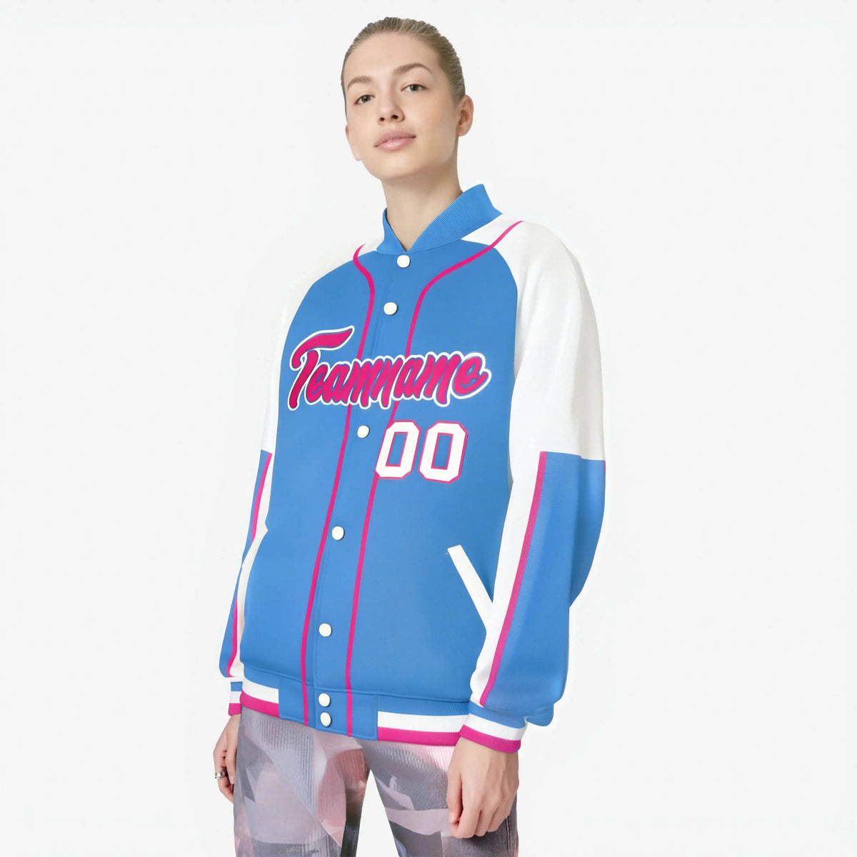 Custom Powder Blue White-Powder Blue Varsity Full-Snap Color Block Letterman Jacket