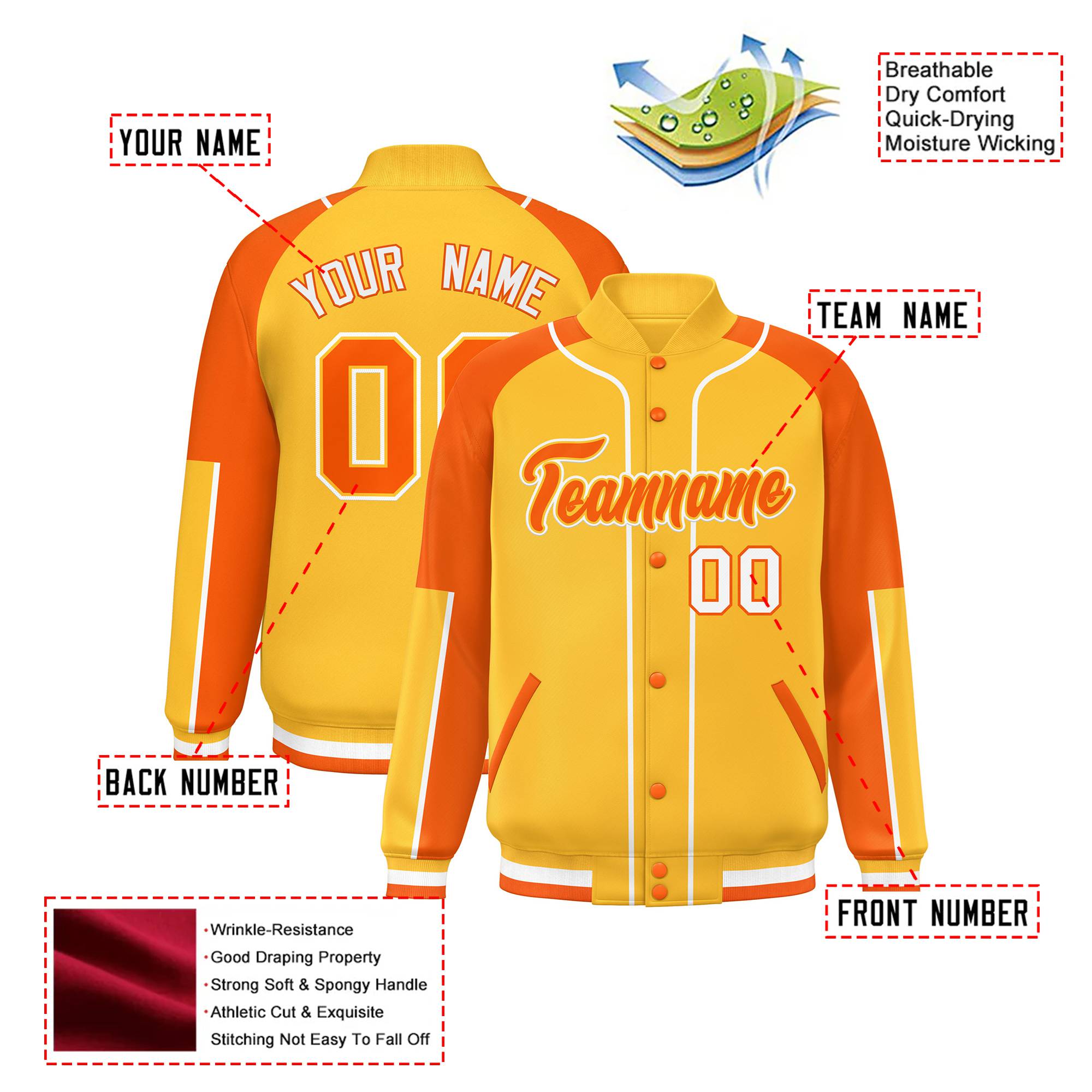 Custom Gold Blue Orange-Gold Varsity Full-Snap Color Block Letterman Jacket