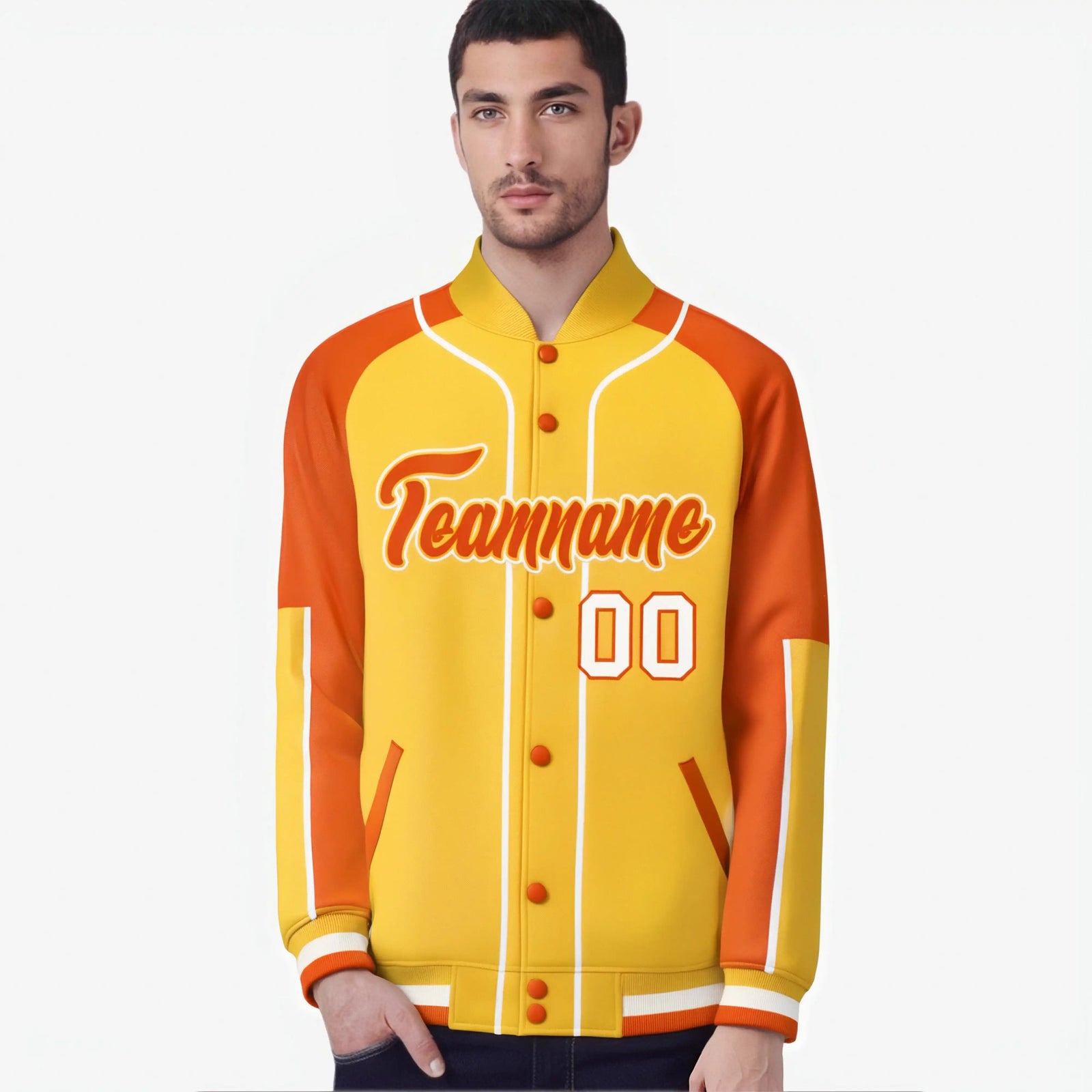 Custom Gold Blue Orange-Gold Varsity Full-Snap Color Block Letterman Jacket