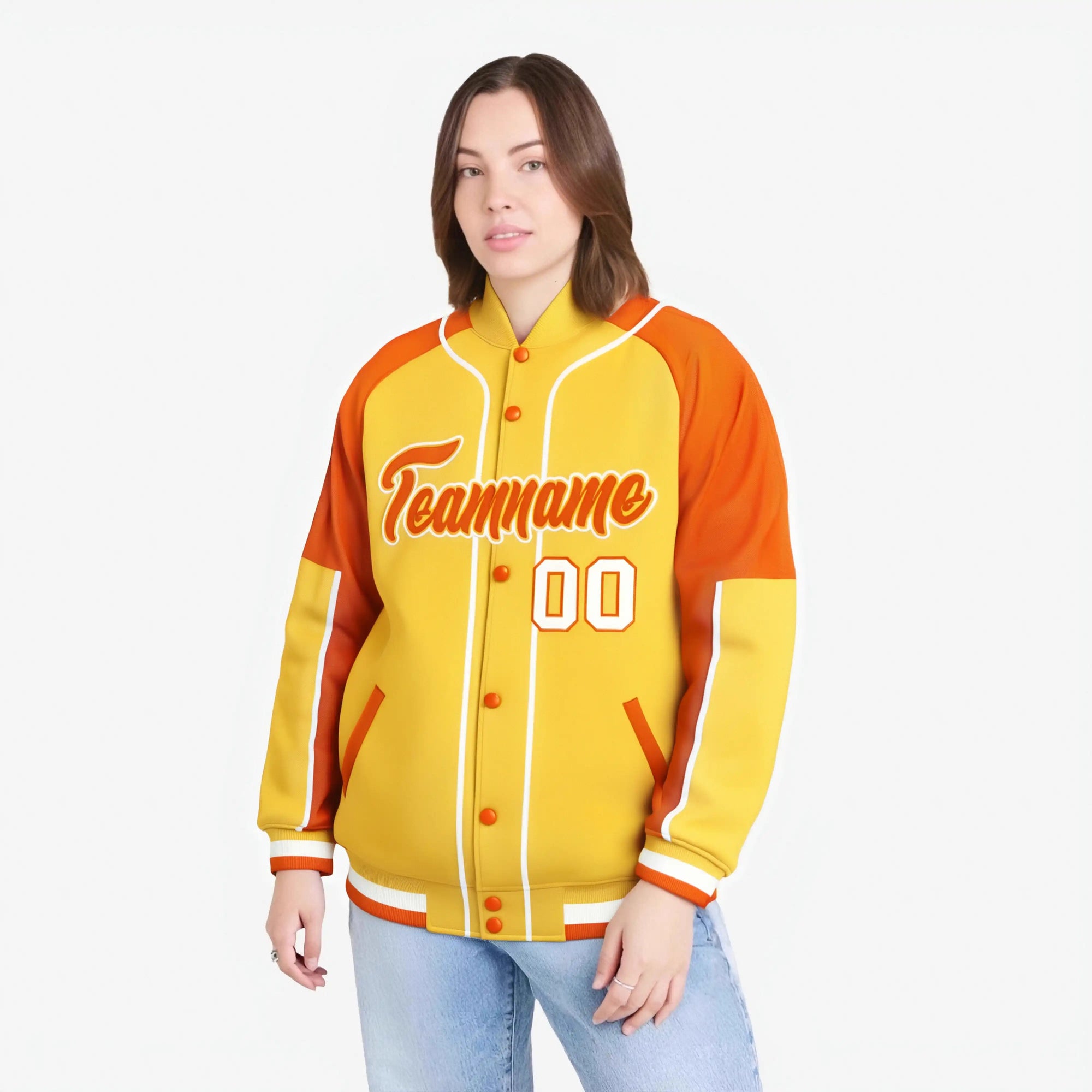 Custom Gold Blue Orange-Gold Varsity Full-Snap Color Block Letterman Jacket