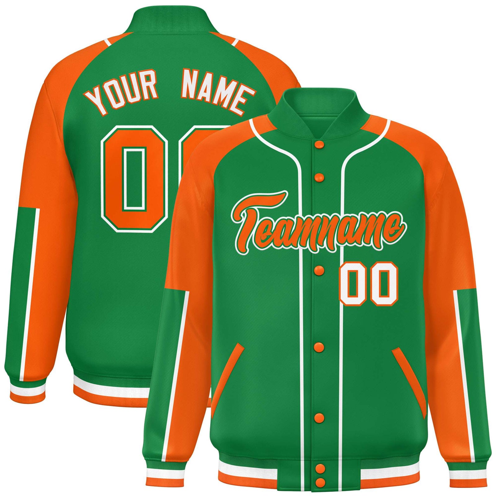 Custom Kelly Green Orange-Kelly Green Varsity Full-Snap Color Block Letterman Jacket
