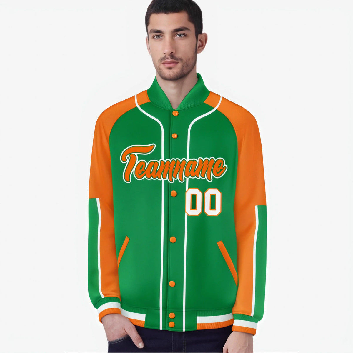 Custom Kelly Green Orange-Kelly Green Varsity Full-Snap Color Block Letterman Jacket