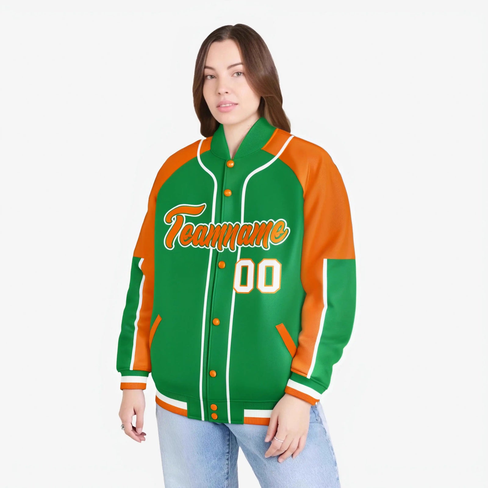 Custom Kelly Green Orange-Kelly Green Varsity Full-Snap Color Block Letterman Jacket