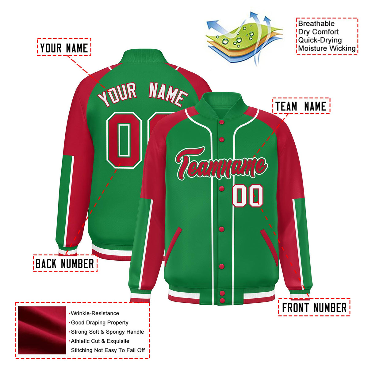 Custom Kelly Green Red-Kelly Green Varsity Full-Snap Color Block Letterman Jacket