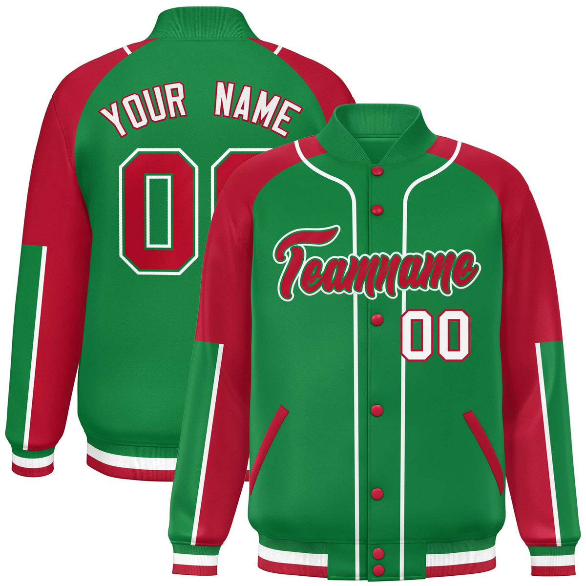 Custom Kelly Green Red-Kelly Green Varsity Full-Snap Color Block Letterman Jacket