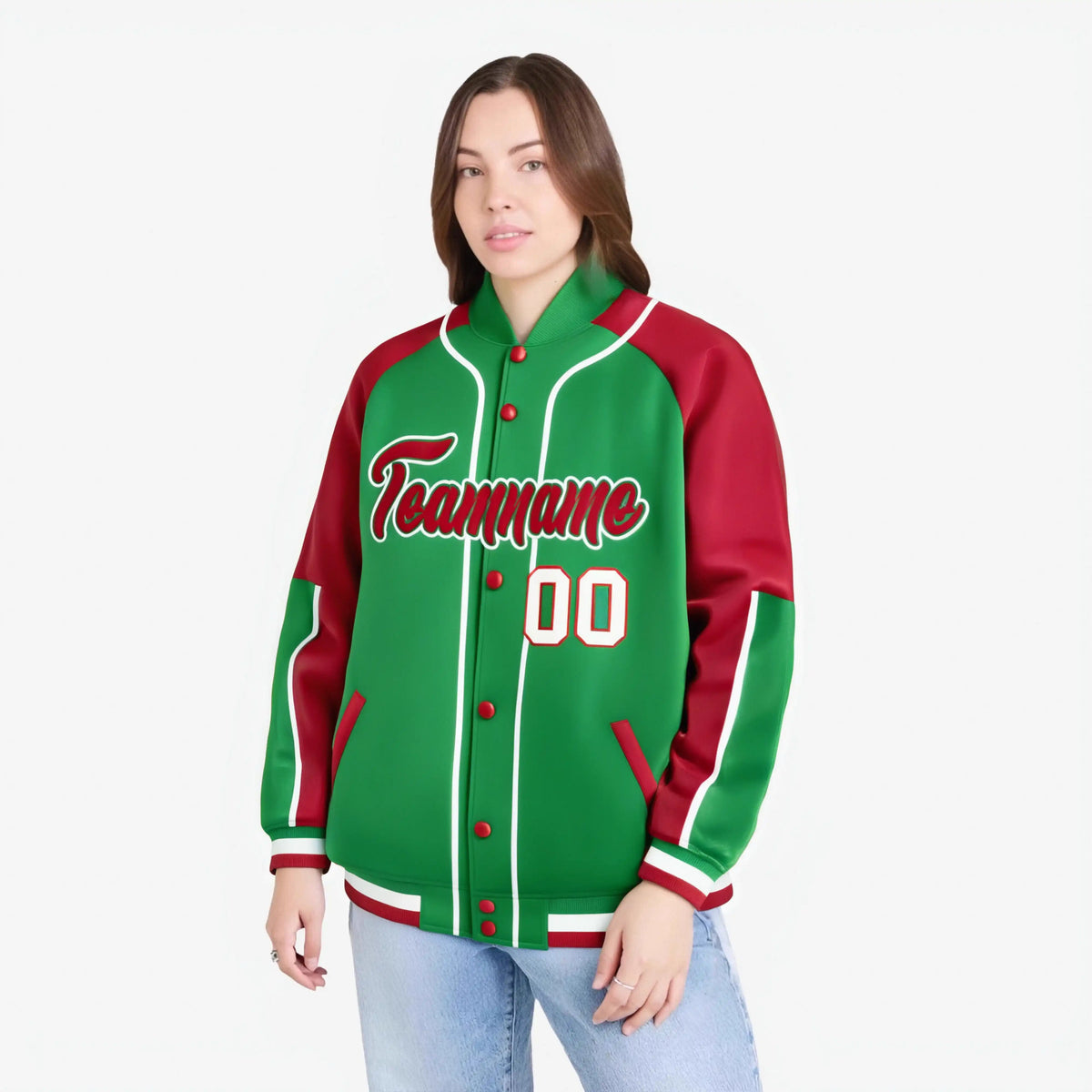 Custom Kelly Green Red-Kelly Green Varsity Full-Snap Color Block Letterman Jacket