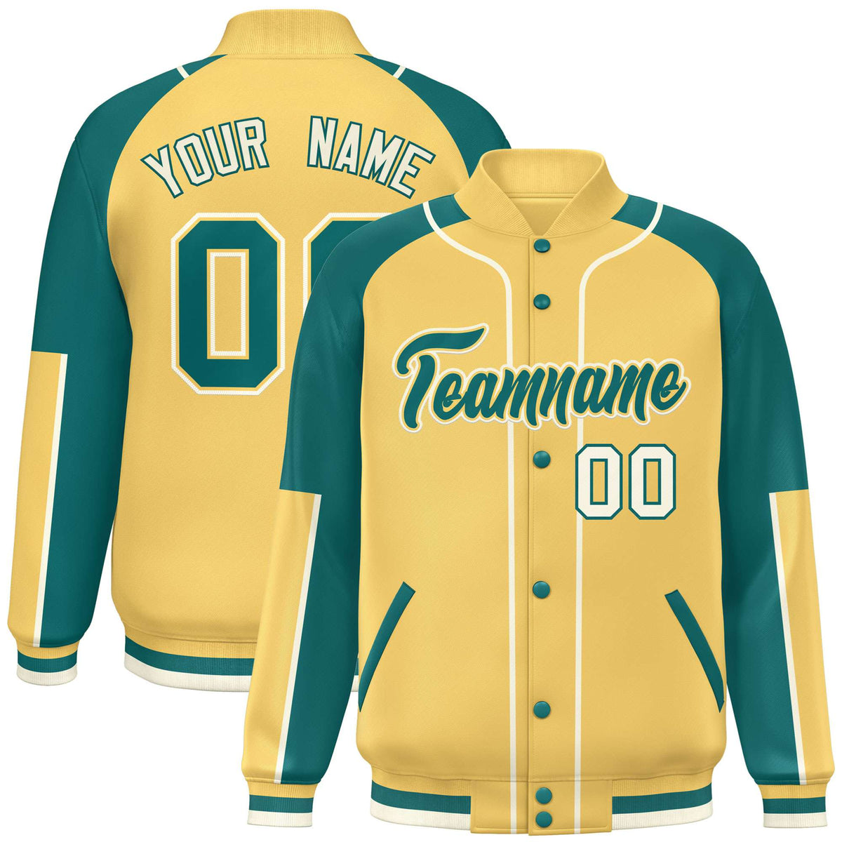 Custom Khaki Aqua-Khaki Varsity Full-Snap Color Block Letterman Jacket