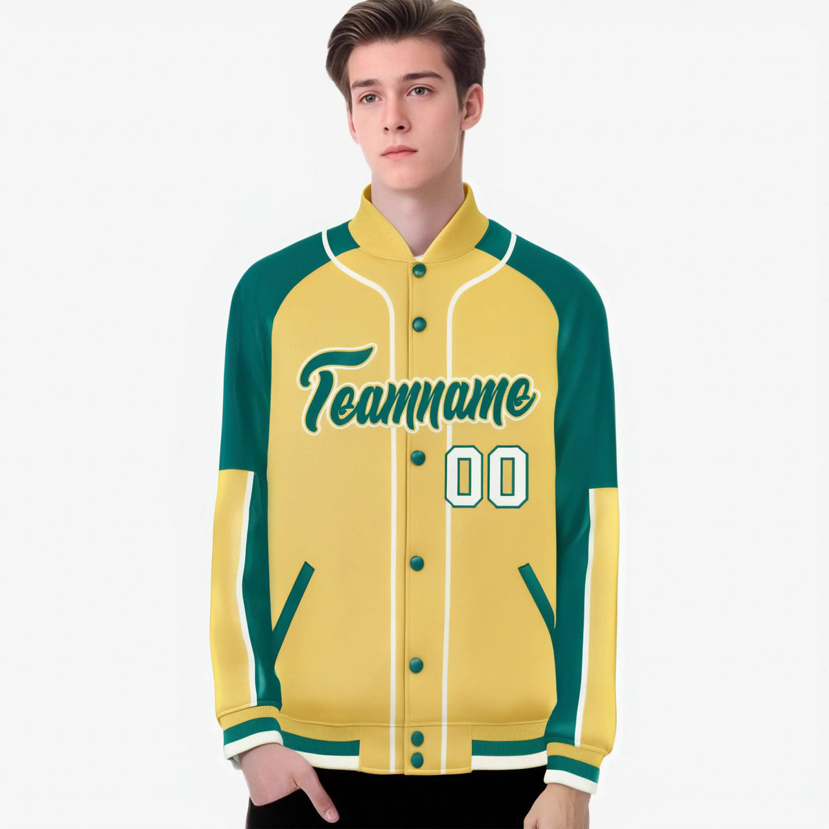 Custom Khaki Aqua-Khaki Varsity Full-Snap Color Block Letterman Jacket