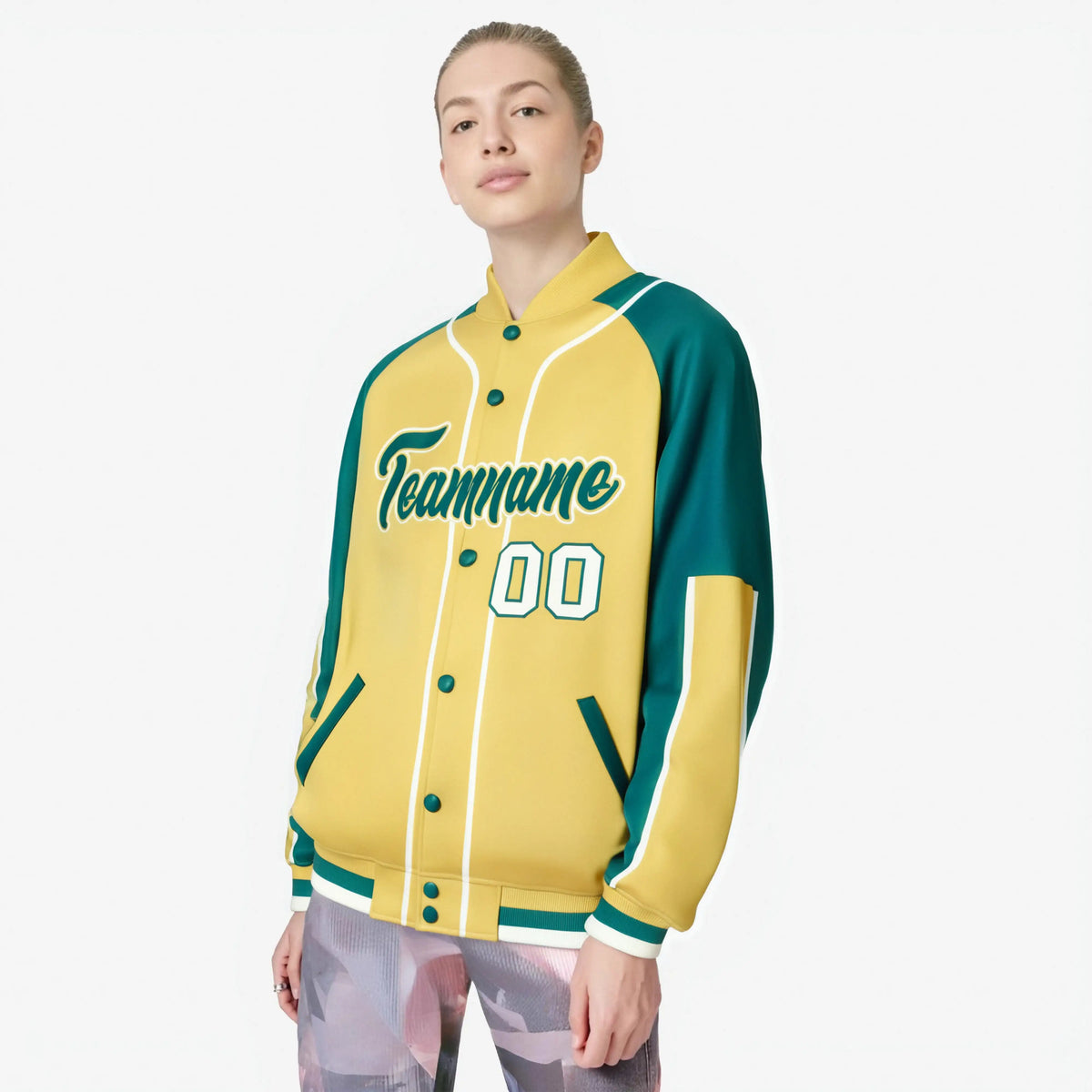 Custom Khaki Aqua-Khaki Varsity Full-Snap Color Block Letterman Jacket