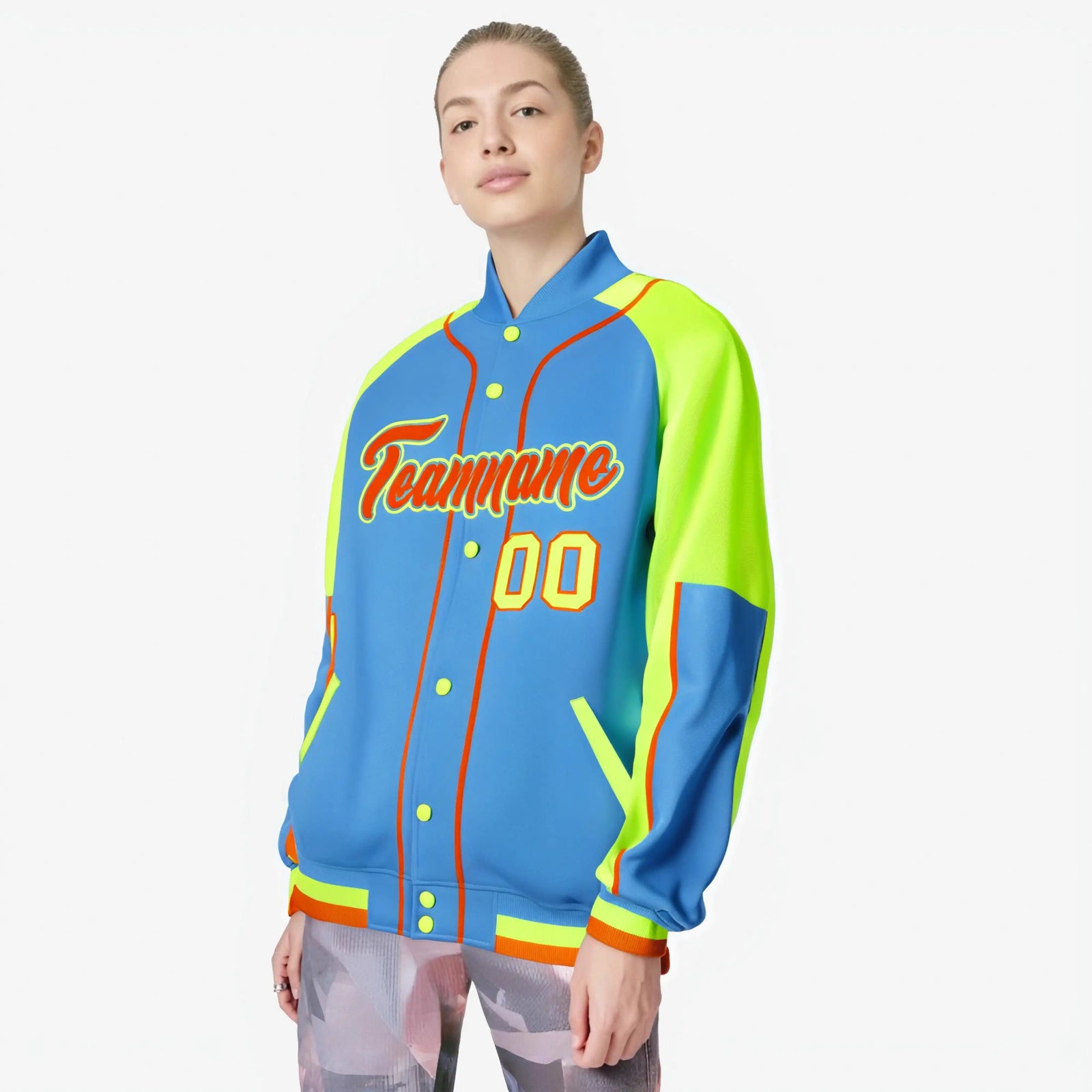 Custom Powder Blue Fluorescent Green-Powder Blue Varsity Full-Snap Color Block Letterman Jacket