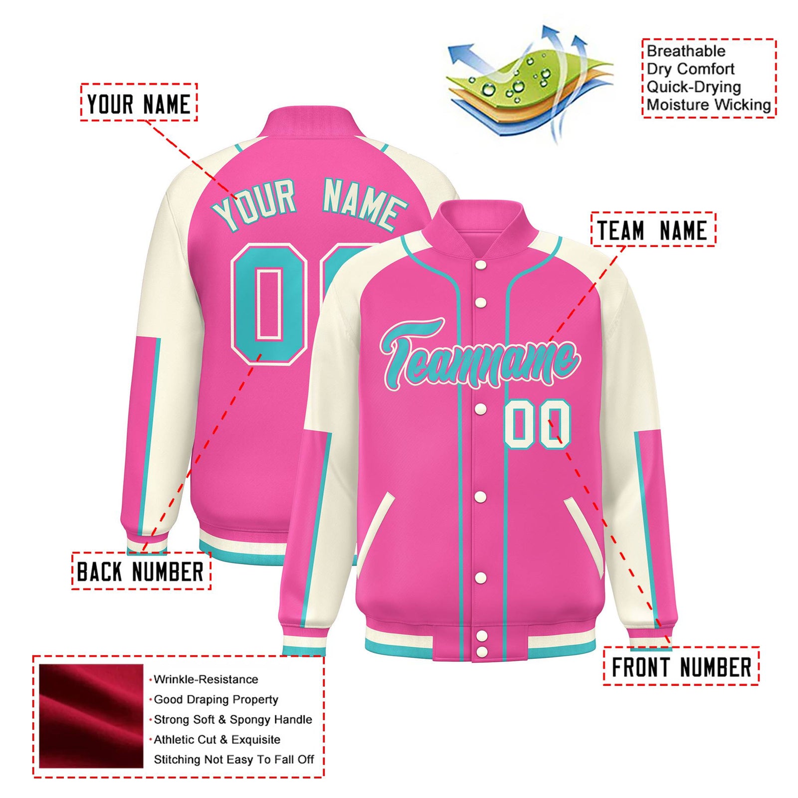Custom Pink Cream-Pink Varsity Full-Snap Color Block Letterman Jacket