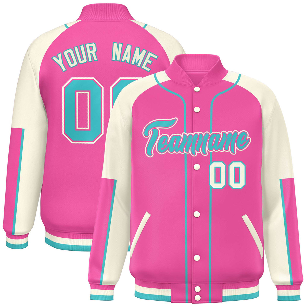 Custom Pink Cream-Pink Varsity Full-Snap Color Block Letterman Jacket