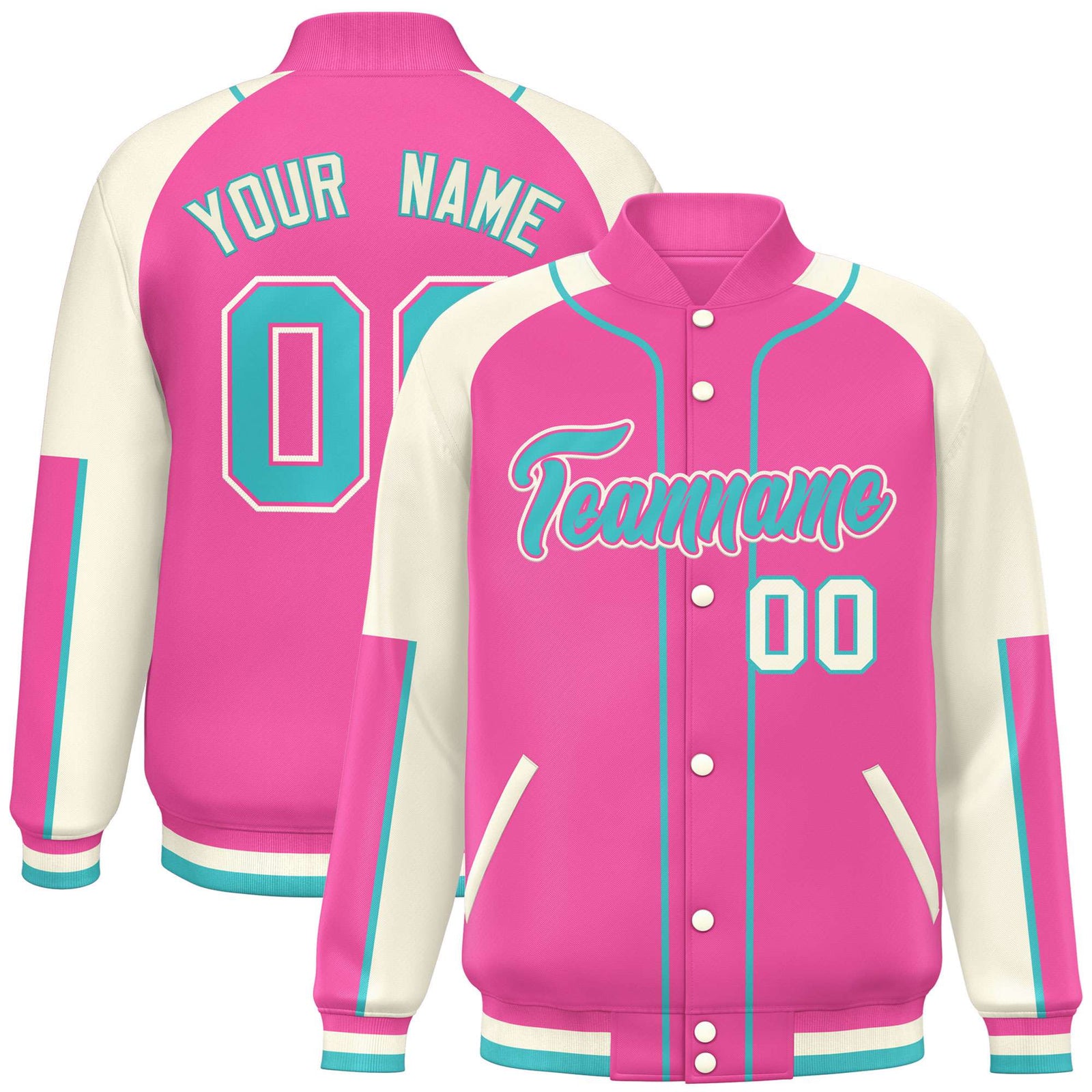 Custom Pink Cream-Pink Varsity Full-Snap Color Block Letterman Jacket