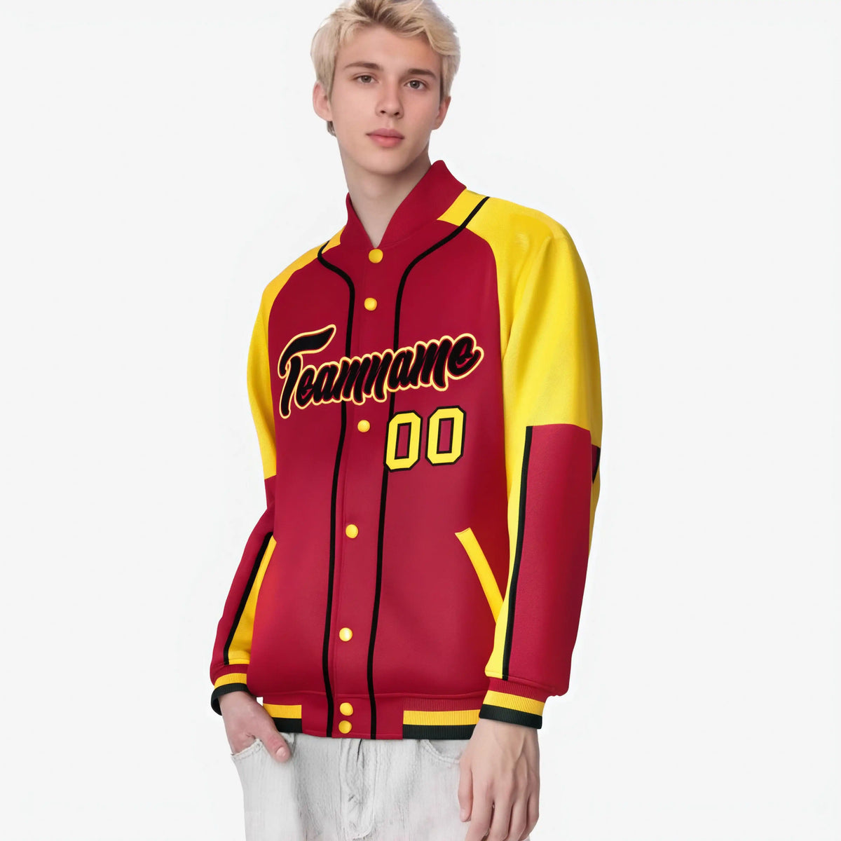 Custom Red Yellow-Red Varsity Full-Snap Color Block Letterman Jacket