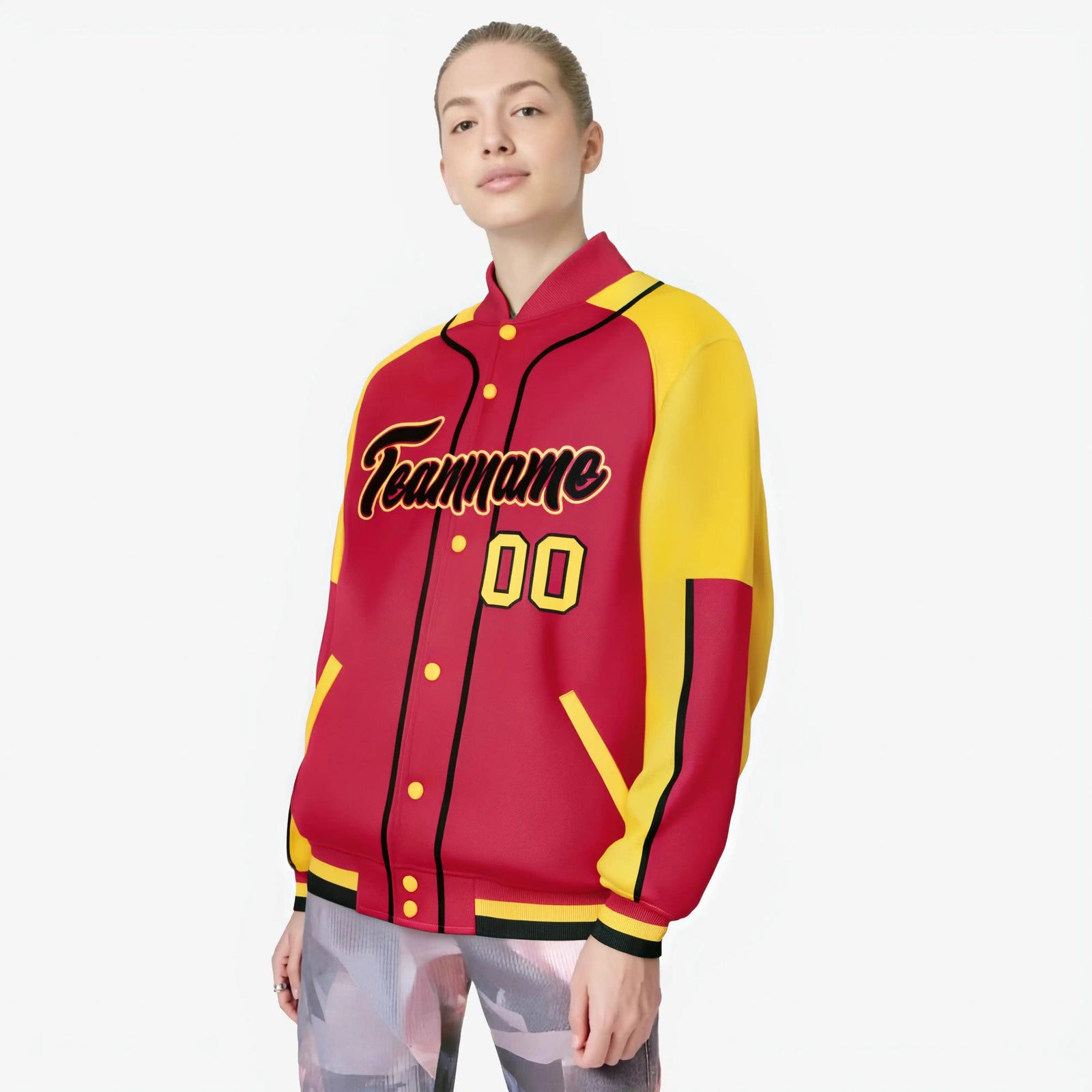 Custom Red Yellow-Red Varsity Full-Snap Color Block Letterman Jacket