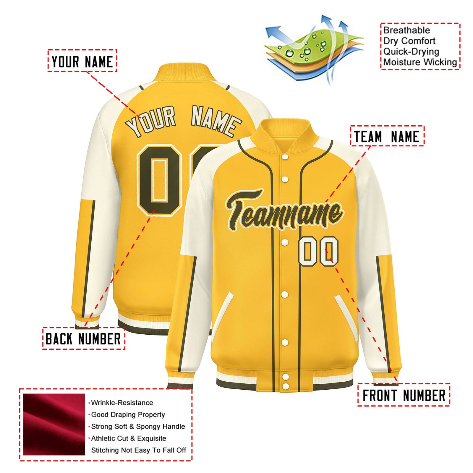 Custom Gold Cream-Gold Varsity Full-Snap Color Block Letterman Jacket